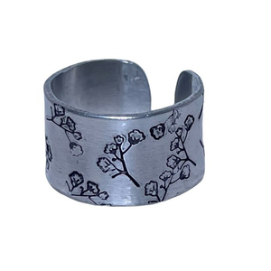 Handmade 8 stamped floral silver adjustable hypoallergenic wide‎ cuff ring
